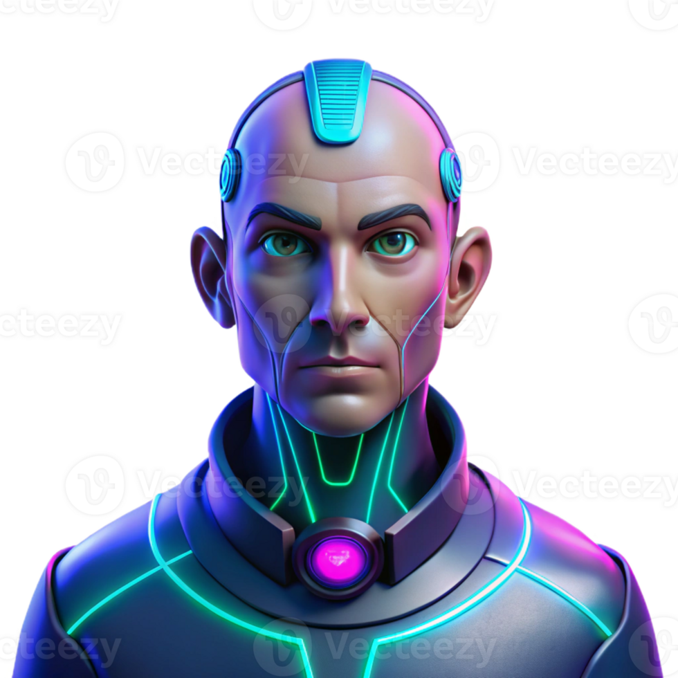 wonderful classic Portrait of a cyborg with glowing blue circuitry visible beneath synthetic skin, a stoic expression, lit by neon pink and green lights, in the style of cyberpunk genuine png