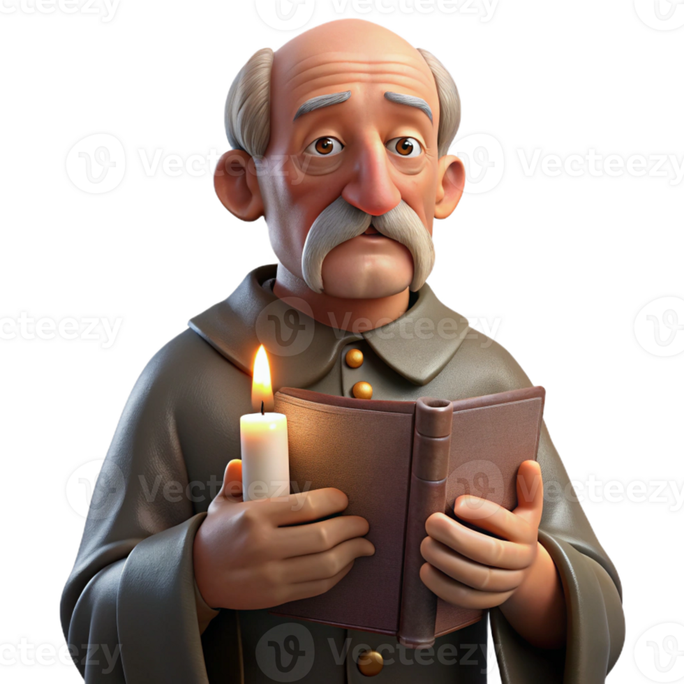 extraordinary vintage Portrait of an elderly man with deep wrinkles, a weathered face, holding a worn leather-bound book, lit by a single candle, in the style of Rembrandt high resolution png