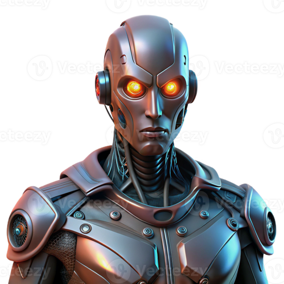 elegant rustic A cyborg with intricate mechanical augmentations and glowing eyes stares intensely at the viewer, illuminated by a flickering neon sign. Style dark, gritty realism authentic png