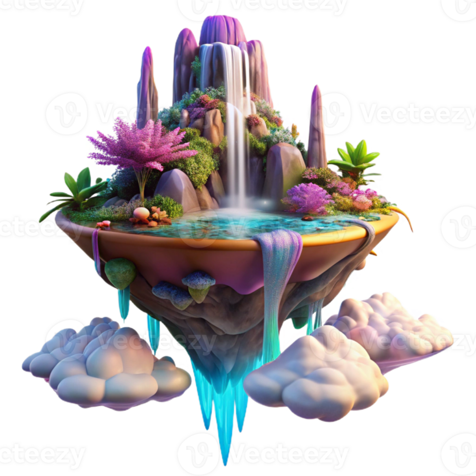 serene classic A floating island in a vibrant alien sky, covered in exotic flora and waterfalls cascading into the clouds below. Lit by a binary sunset. Style fantasy art high quality png