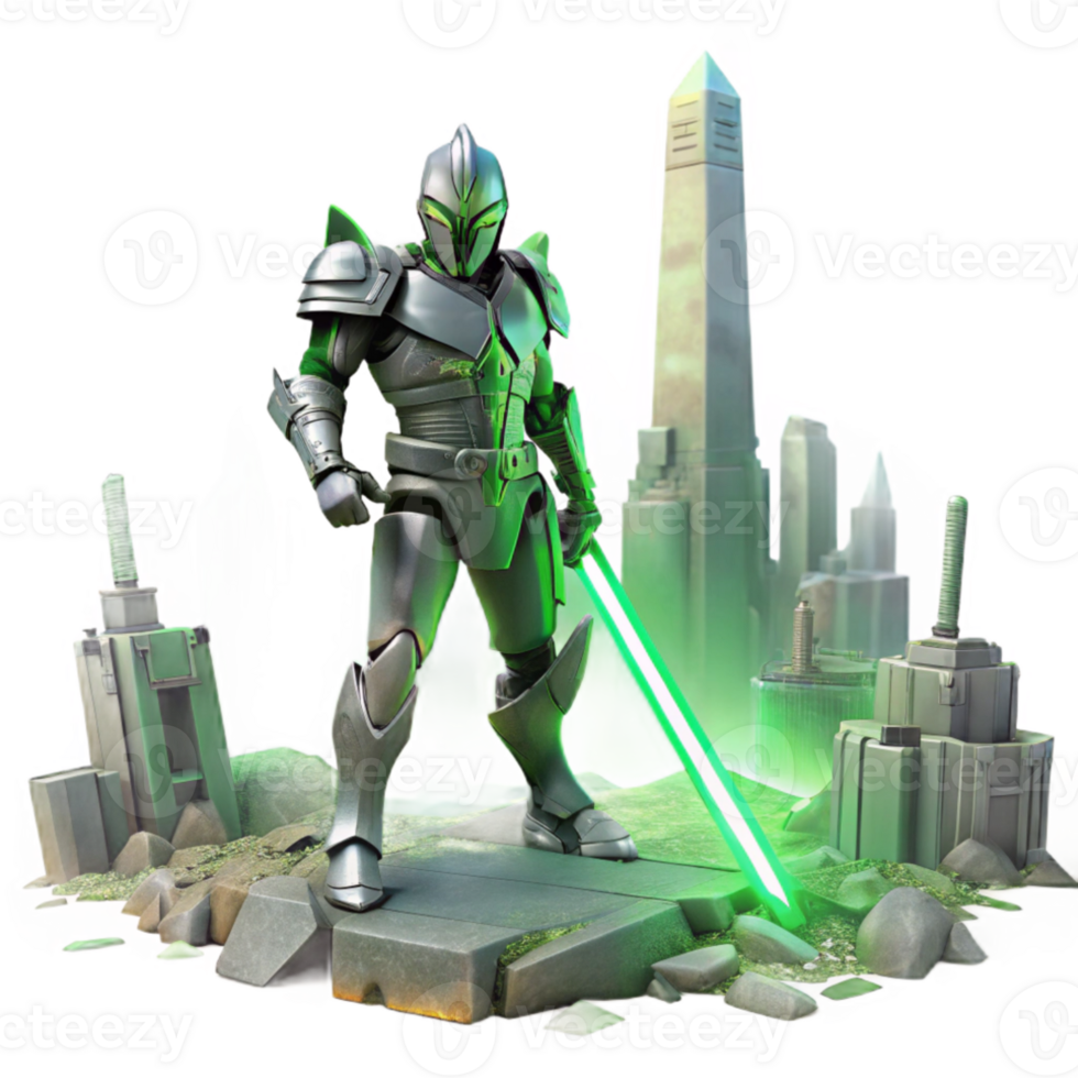 dramatic abstract A robot warrior wielding a plasma sword, standing amidst the ruins of a futuristic city, illuminated by the eerie green glow of radioactive fallout. Style dystopian art original png