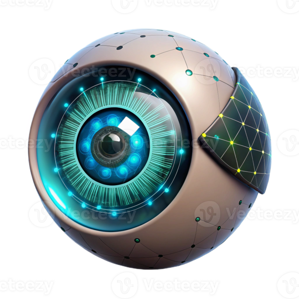 extraordinary rustic A close-up of a cyborg's eye, displaying complex data streams and holographic projections, illuminated by a bright, internal light source. Style cyberpunk authentic png