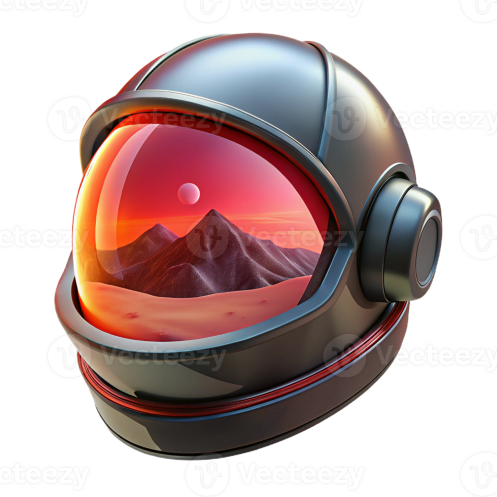 wonderful rustic A futuristic helmet with a reflective visor, displaying a distorted image of a desolate alien landscape, illuminated by a harsh, red sun. Style gritty realism genuine png