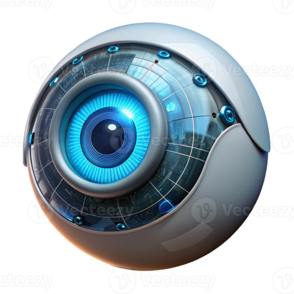 beautiful contemporary A close-up of a cyborg's eye, displaying complex data streams and holographic projections, illuminated by a bright, internal light source. Style cyberpunk professional png