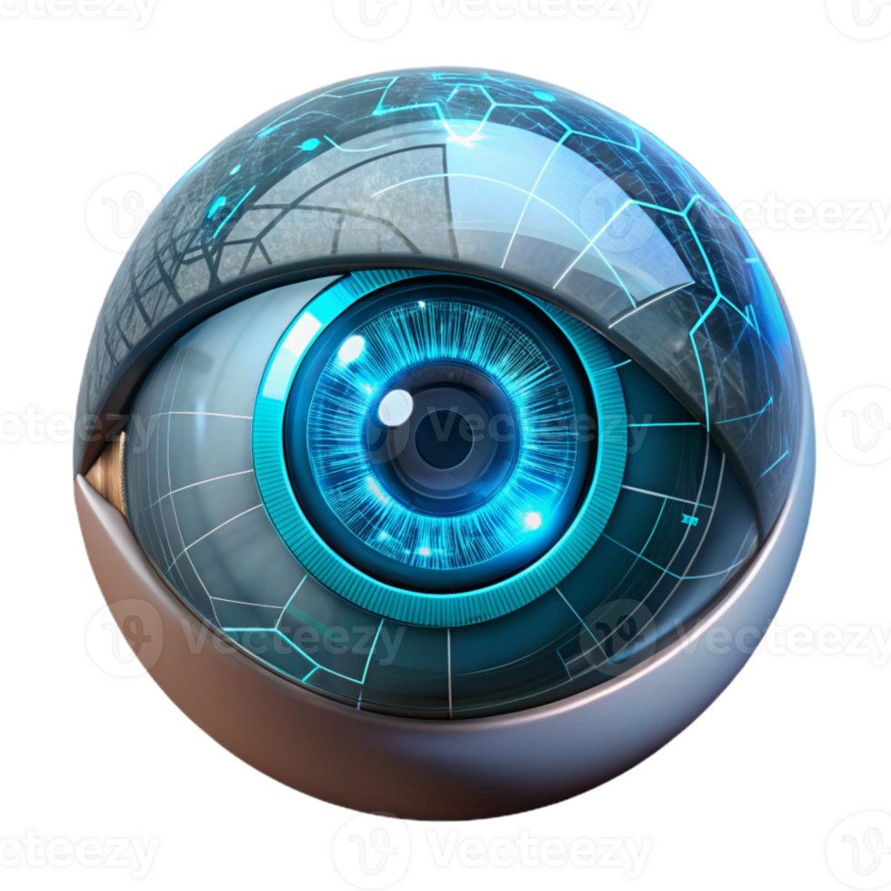 vibrant rustic A close-up of a cyborg's eye, displaying complex data streams and holographic projections, illuminated by a bright, internal light source. Style cyberpunk detailed png