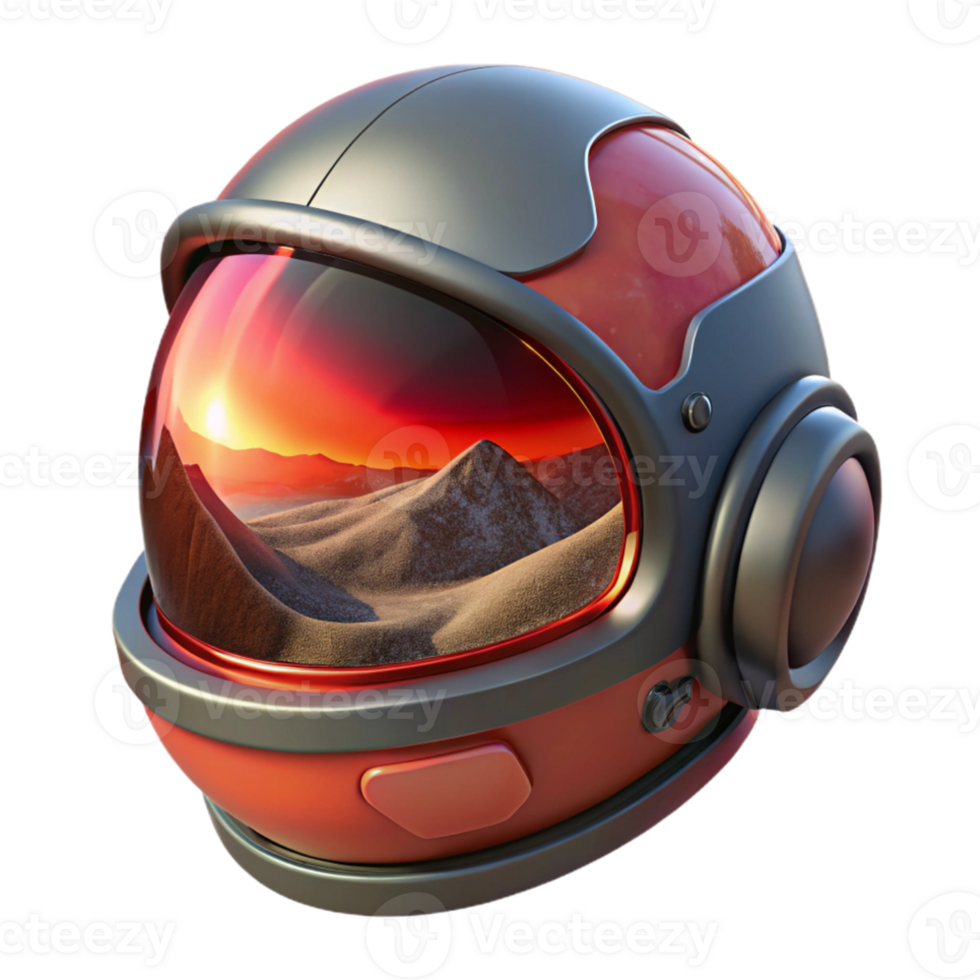 magnificent modern A futuristic helmet with a reflective visor, displaying a distorted image of a desolate alien landscape, illuminated by a harsh, red sun. Style gritty realism original png