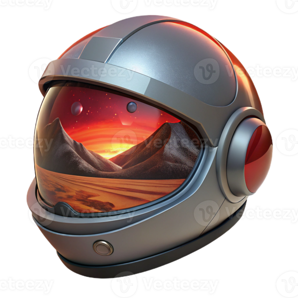 dramatic creative A futuristic helmet with a reflective visor, displaying a distorted image of a desolate alien landscape, illuminated by a harsh, red sun. Style gritty realism original png