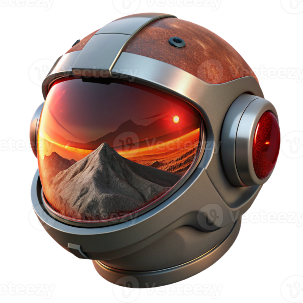 stunning artistic A futuristic helmet with a reflective visor, displaying a distorted image of a desolate alien landscape, illuminated by a harsh, red sun. Style gritty realism high resolution png