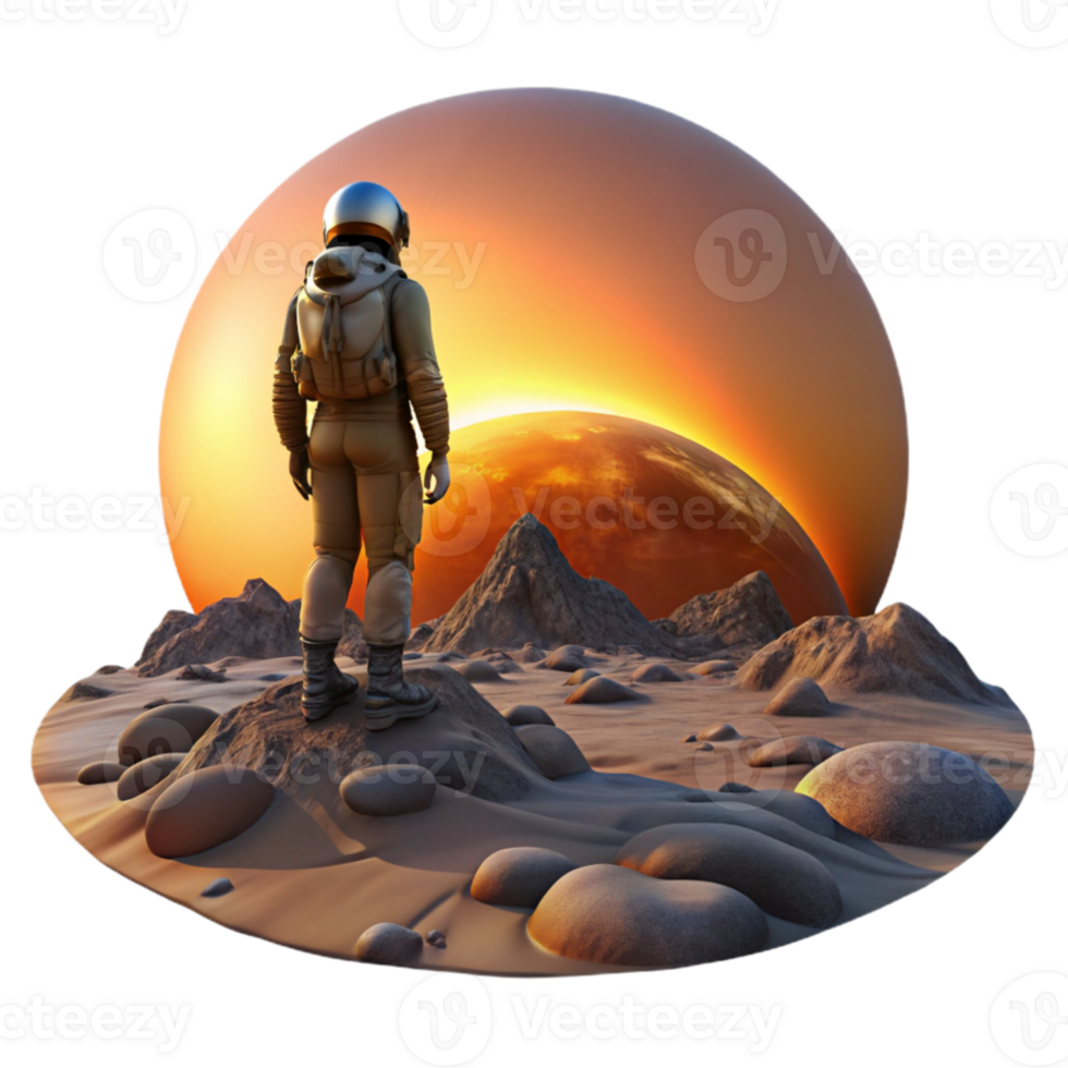 wonderful vintage A lone space explorer standing on the edge of a crater on a barren planet, gazing at a breathtaking alien sunset. Lit by the setting sun. Style digital painting exclusive png