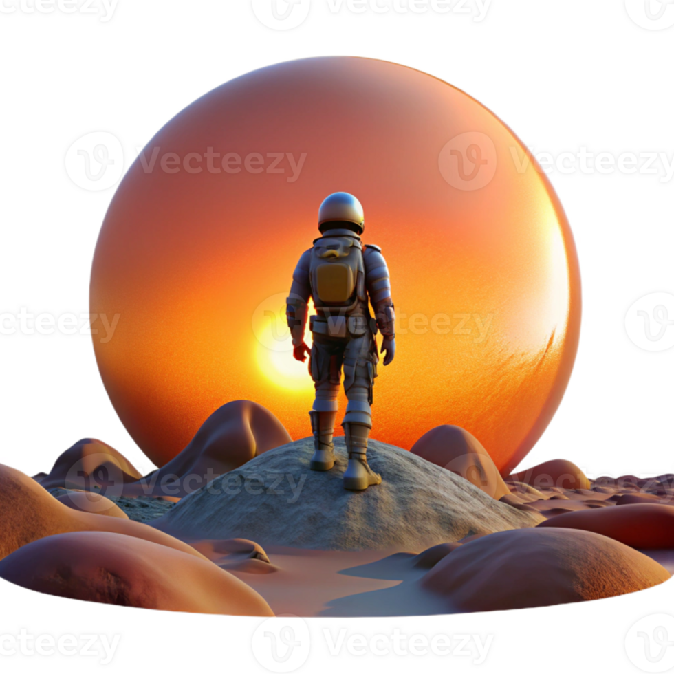 impressive rustic A lone space explorer standing on the edge of a crater on a barren planet, gazing at a breathtaking alien sunset. Lit by the setting sun. Style digital painting professional png