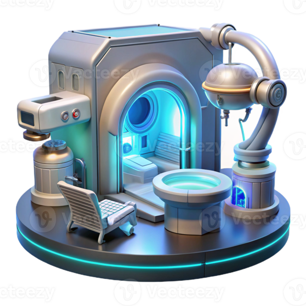 serene vintage A futuristic medical bay with holographic displays and advanced robotic surgical equipment, illuminated by sterile, white light. Style photorealistic high resolution png