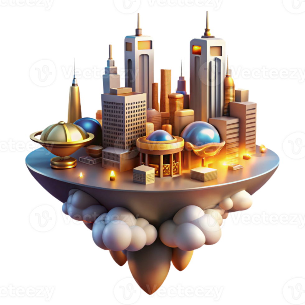 elegant classic A futuristic city floating among the clouds, with interconnected buildings and flying vehicles, illuminated by a warm, golden light. Style utopian art premium png