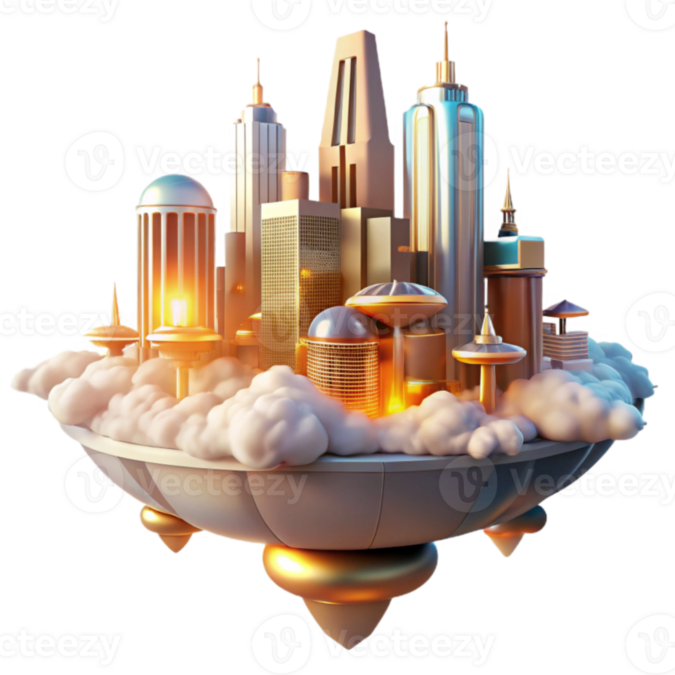 extraordinary minimalist A futuristic city floating among the clouds, with interconnected buildings and flying vehicles, illuminated by a warm, golden light. Style utopian art premium png