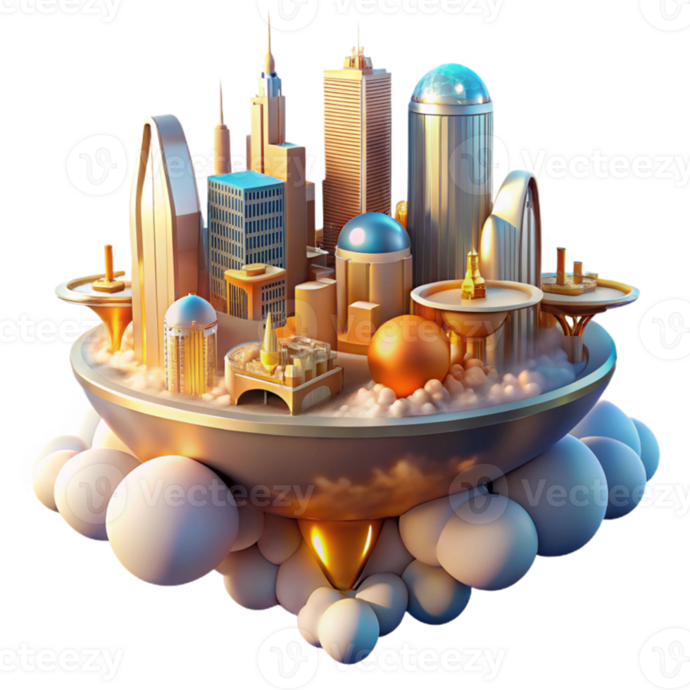 extraordinary classic A futuristic city floating among the clouds, with interconnected buildings and flying vehicles, illuminated by a warm, golden light. Style utopian art detailed png