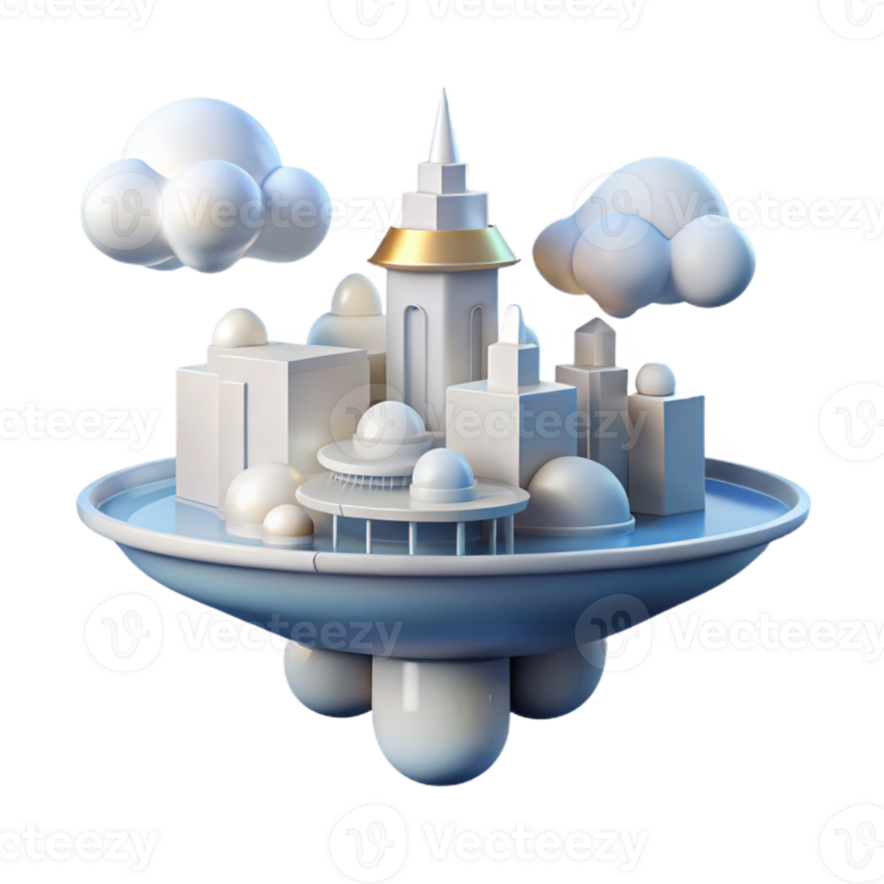 impressive minimalist Cloud city, floating platforms, gleaming white architecture, soft diffused lighting, utopian atmosphere premium png