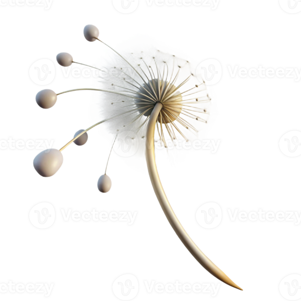beautiful rustic A single dandelion seedhead with seeds blowing in the wind, soft, diffused light, ethereal, delicate style professional png