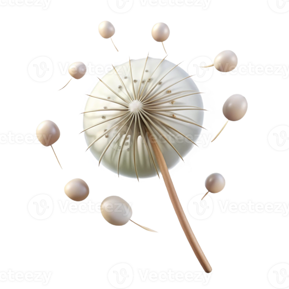 wonderful contemporary A single dandelion seedhead with seeds blowing in the wind, soft, diffused light, ethereal, delicate style 4K png