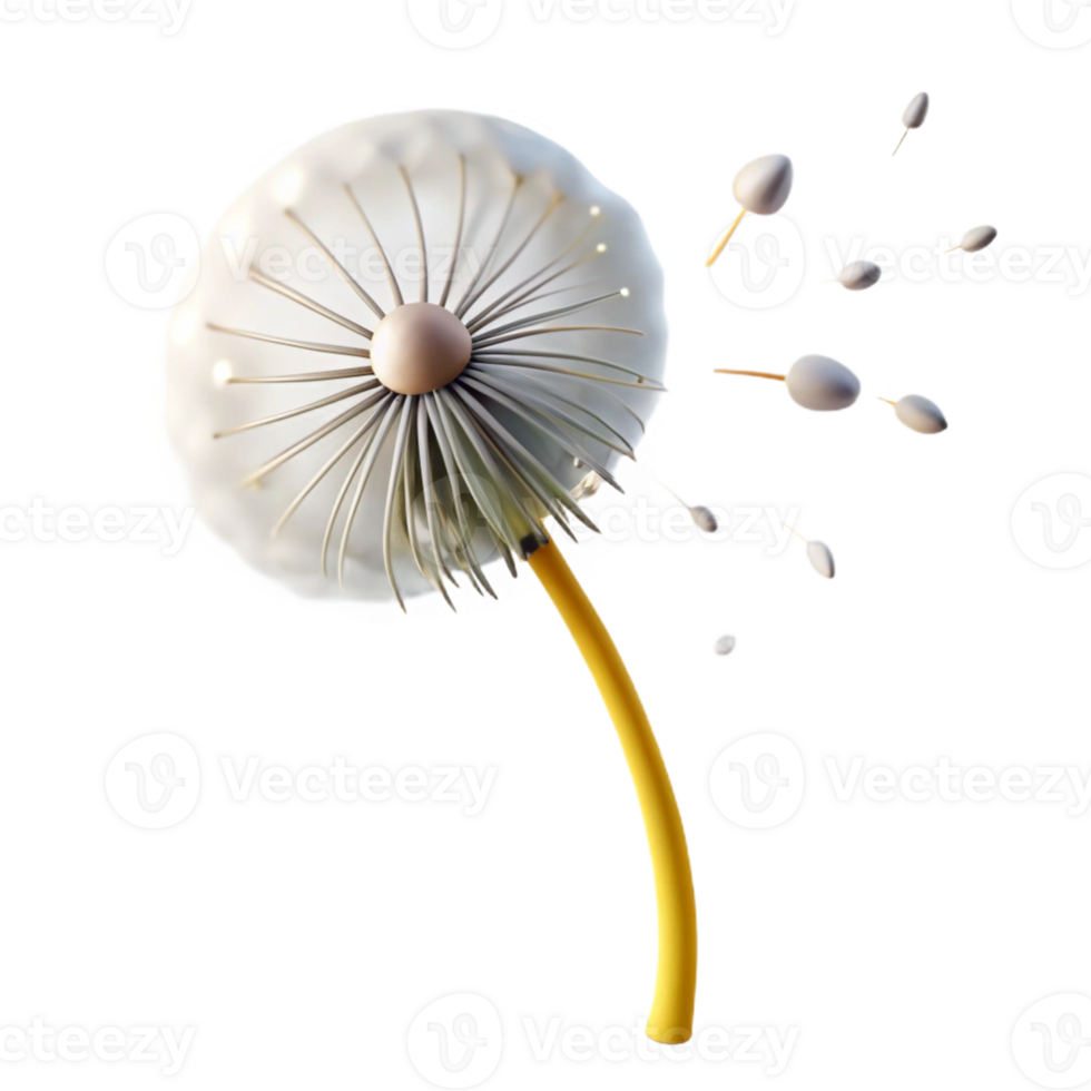 dramatic traditional A single dandelion seedhead with seeds blowing in the wind, soft, diffused light, ethereal, delicate style professional png