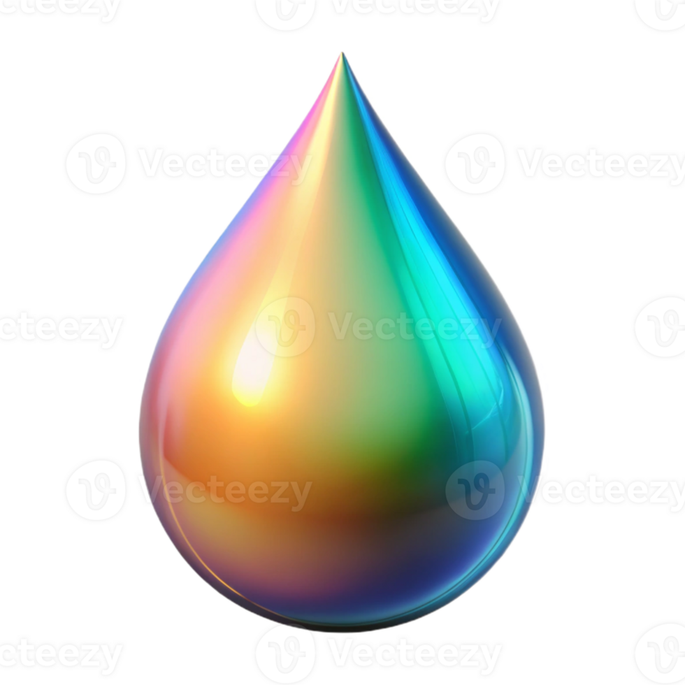 vibrant contemporary A single, luminous tear-shaped drop, refracting light into a spectrum of colors, with a hyperrealistic rendering style professional png