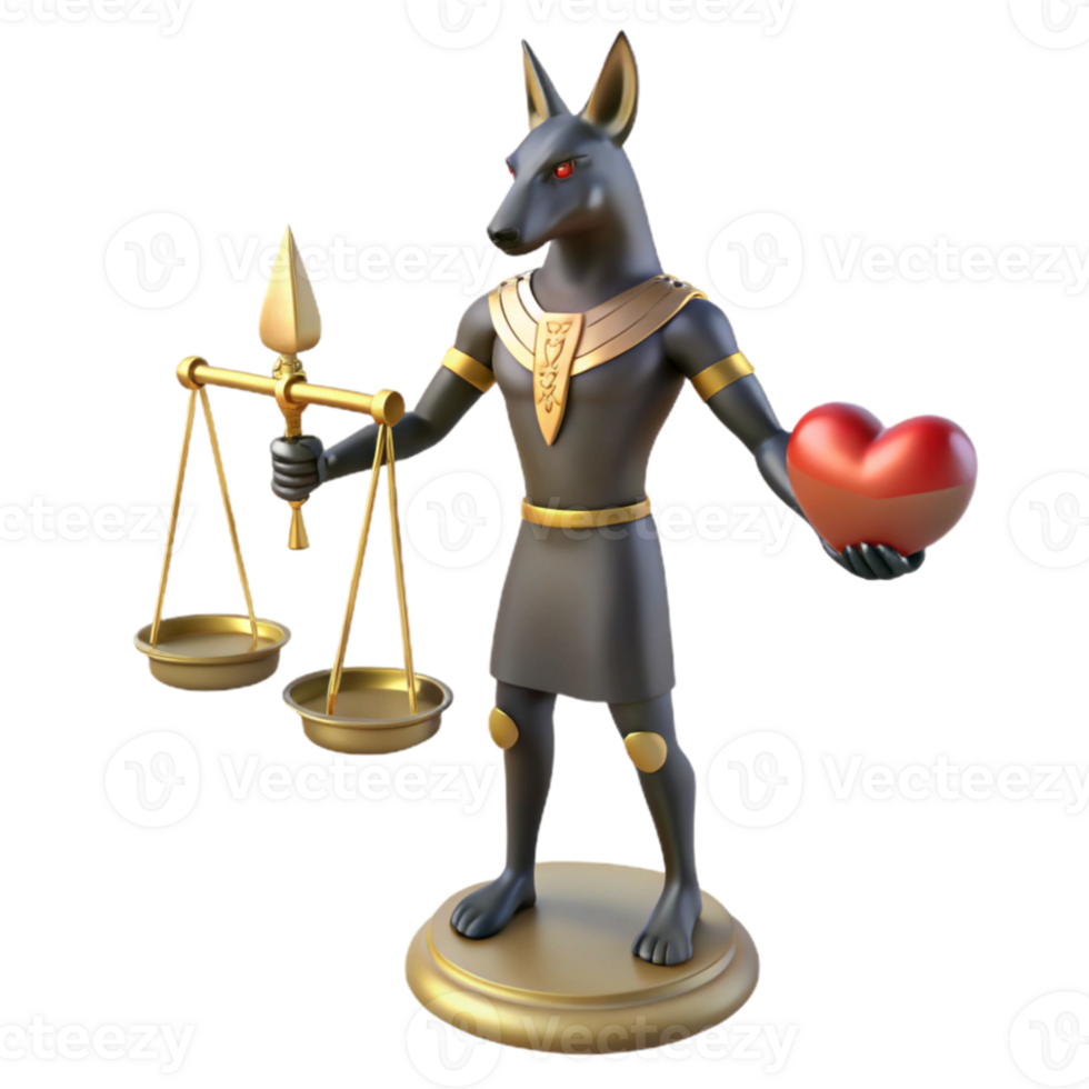 serene classic A mysterious Anubis with a jackal head and human body, weighing a heart on a scale, Egyptian style, shadowy lighting detailed png