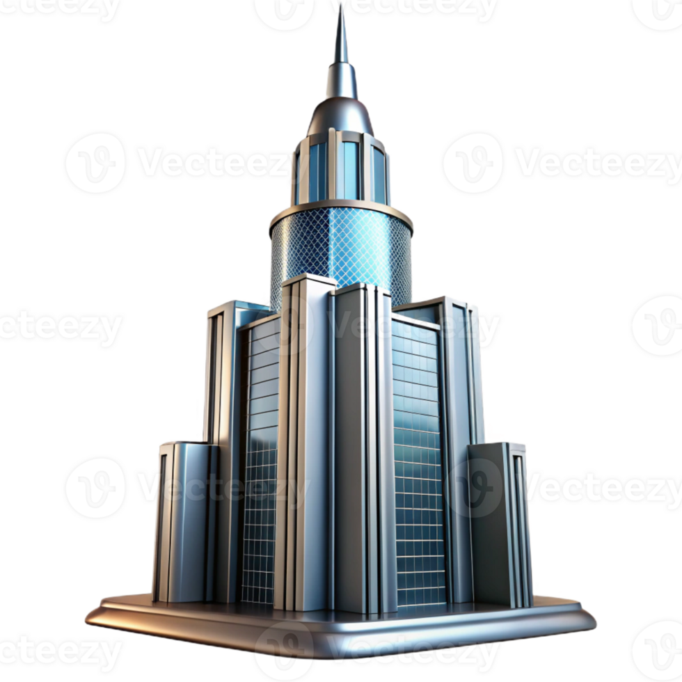 dramatic classic Art Deco skyscraper, chrome and glass, sharp edges, volumetric lighting, high contrast, low angle perspective premium png