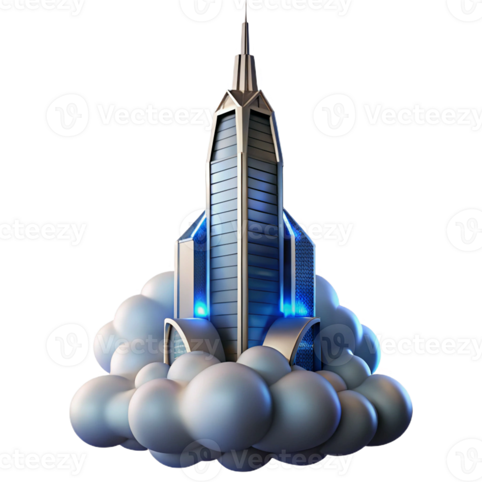 extraordinary artistic A futuristic skyscraper piercing the clouds, sleek metallic surface, glowing windows, dynamic lighting genuine png
