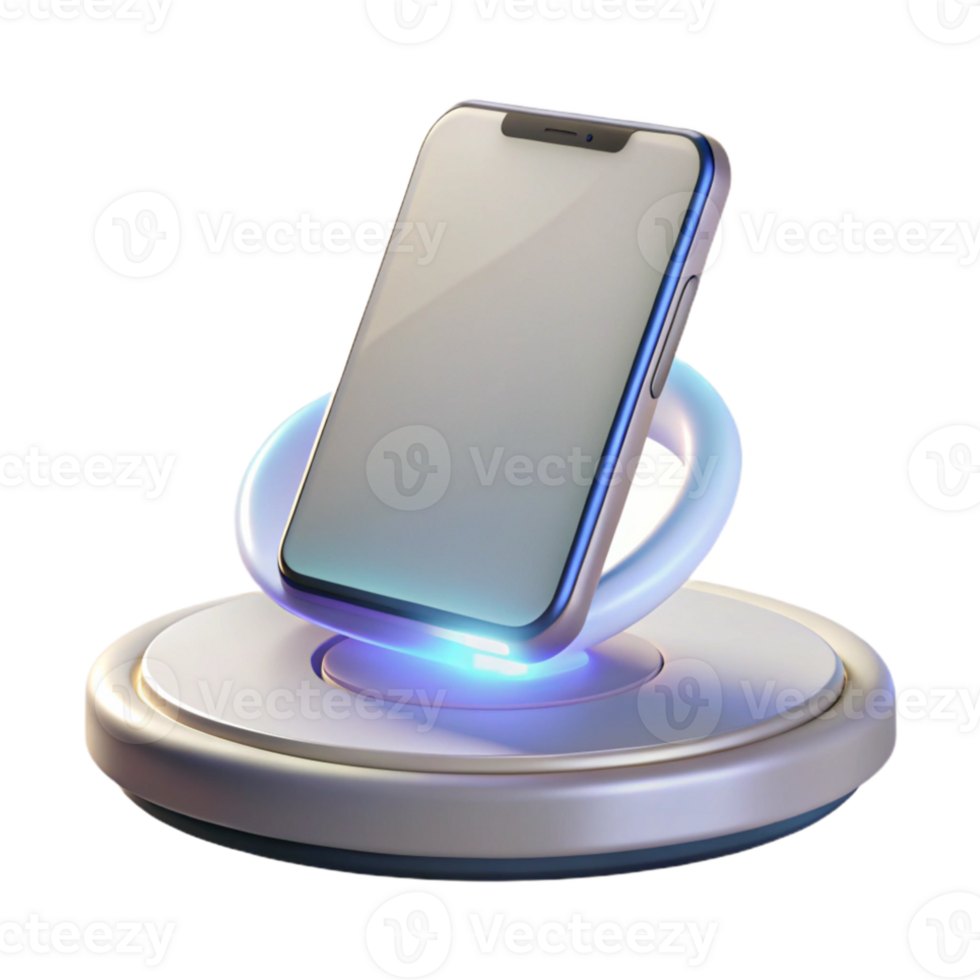 dramatic contemporary A levitating wireless charger powering a futuristic smartphone, soft white lighting, minimalist style professional png