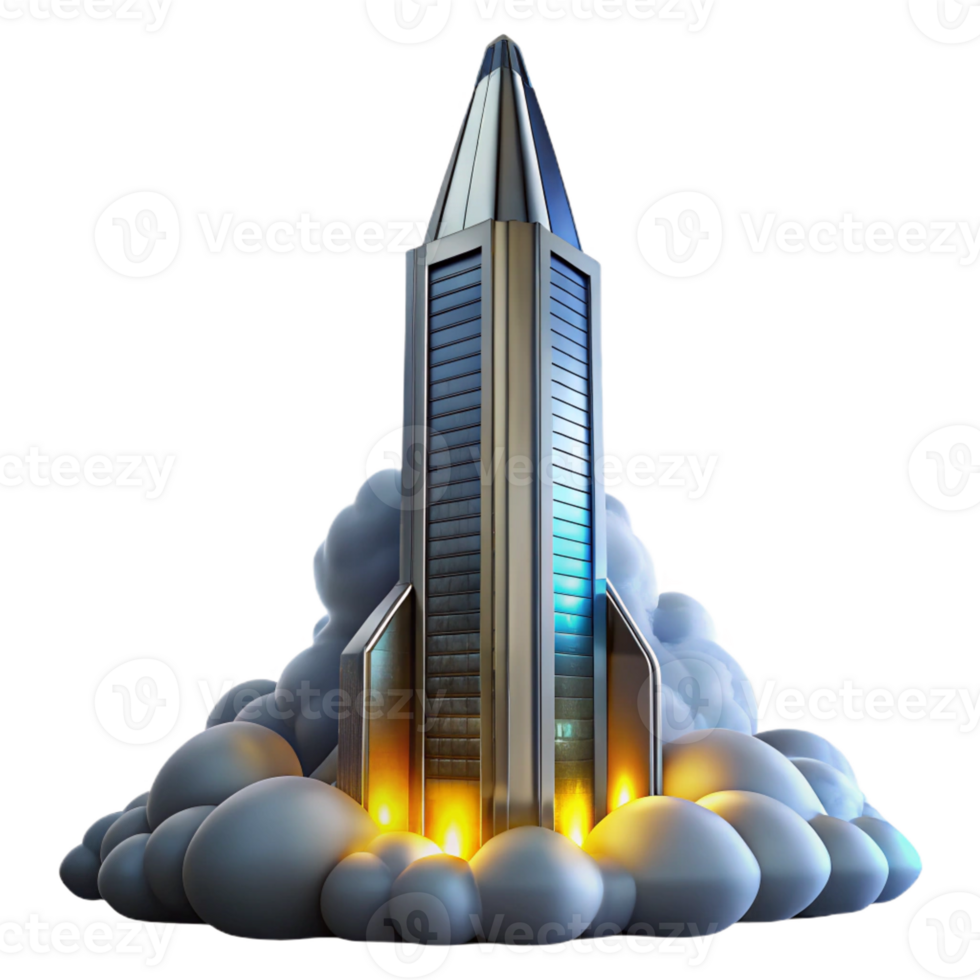 impressive abstract A futuristic skyscraper piercing the clouds, sleek metallic surface, glowing windows, dynamic lighting detailed png
