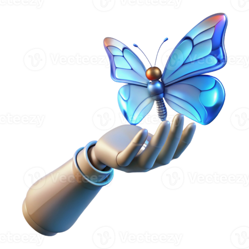 extraordinary artistic A robotic hand reaching out to touch a holographic butterfly, soft blue lighting, fantasy style authentic png