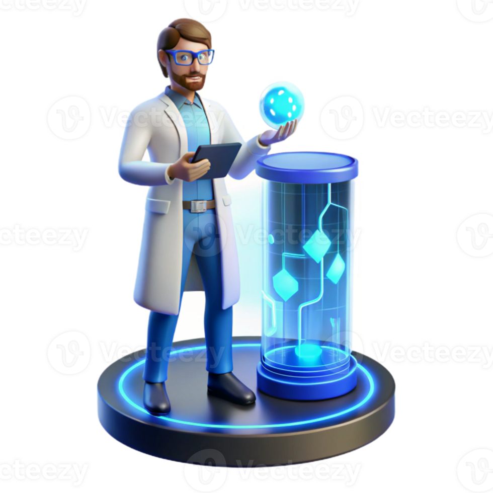 magnificent creative A scientist working on a holographic interface, blue lighting, futuristic style genuine png