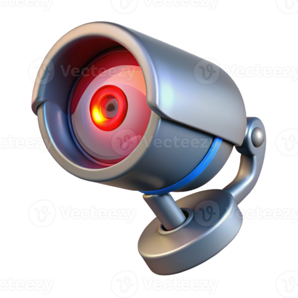 vibrant contemporary A futuristic security camera with glowing red eye, dark background, surveillance style high resolution png