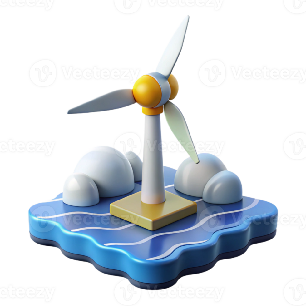 vibrant creative Floating wind turbine platform, sleek aerodynamic design, ocean waves and clouds, sunset lighting, renewable energy concept art exclusive png