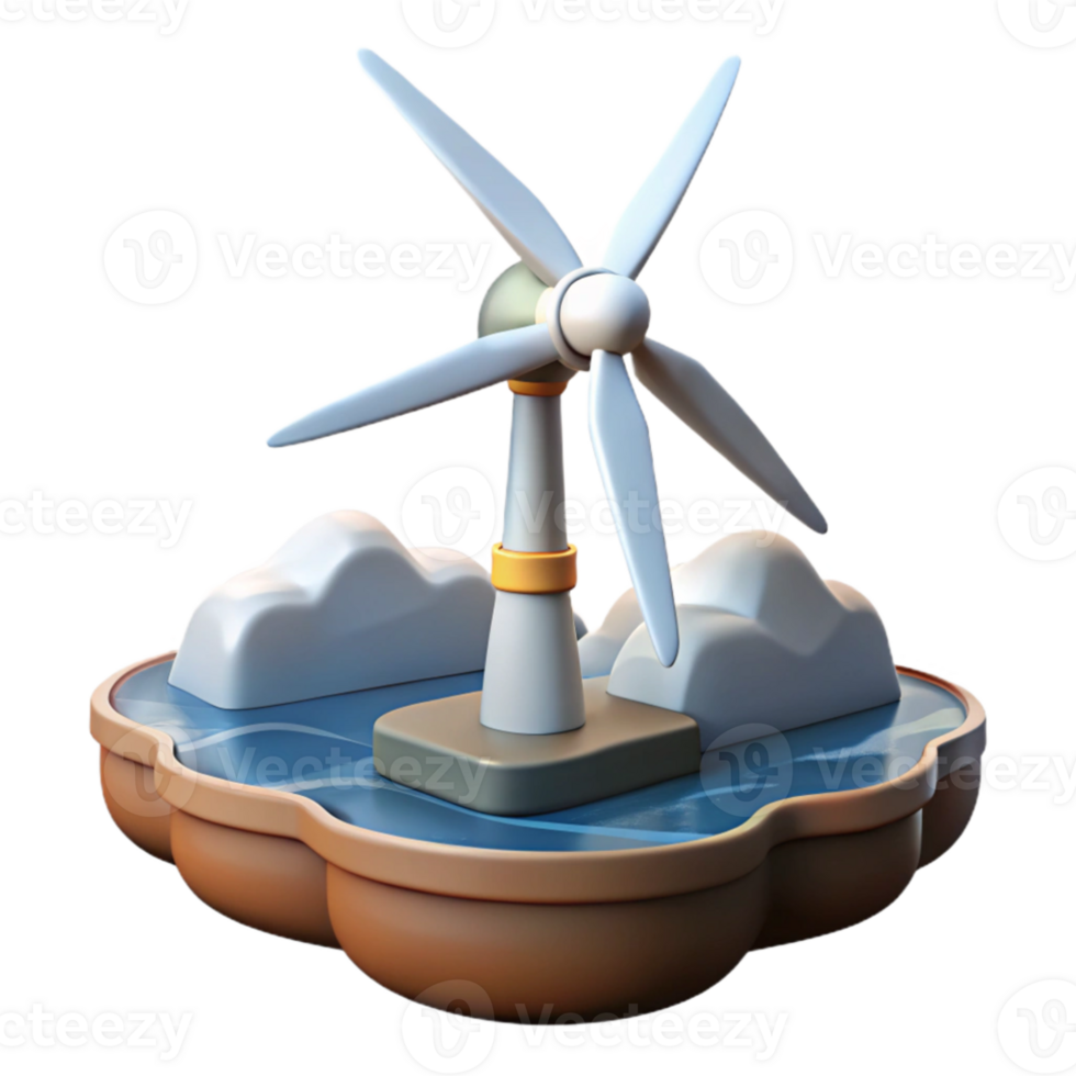 impressive modern Floating wind turbine platform, sleek aerodynamic design, ocean waves and clouds, sunset lighting, renewable energy concept art high quality png