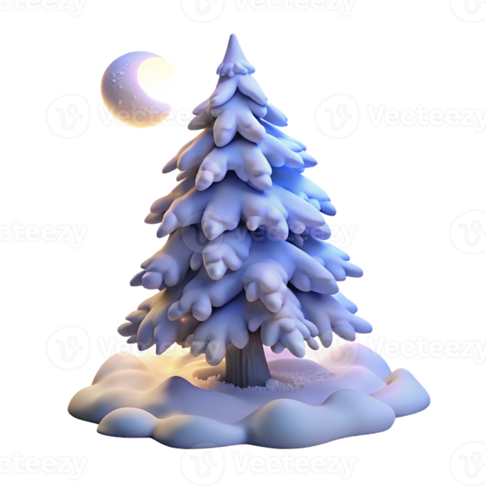 wonderful creative A snow-covered pine tree, heavy with snow, lit by the soft glow of the moon, photorealistic style high quality png