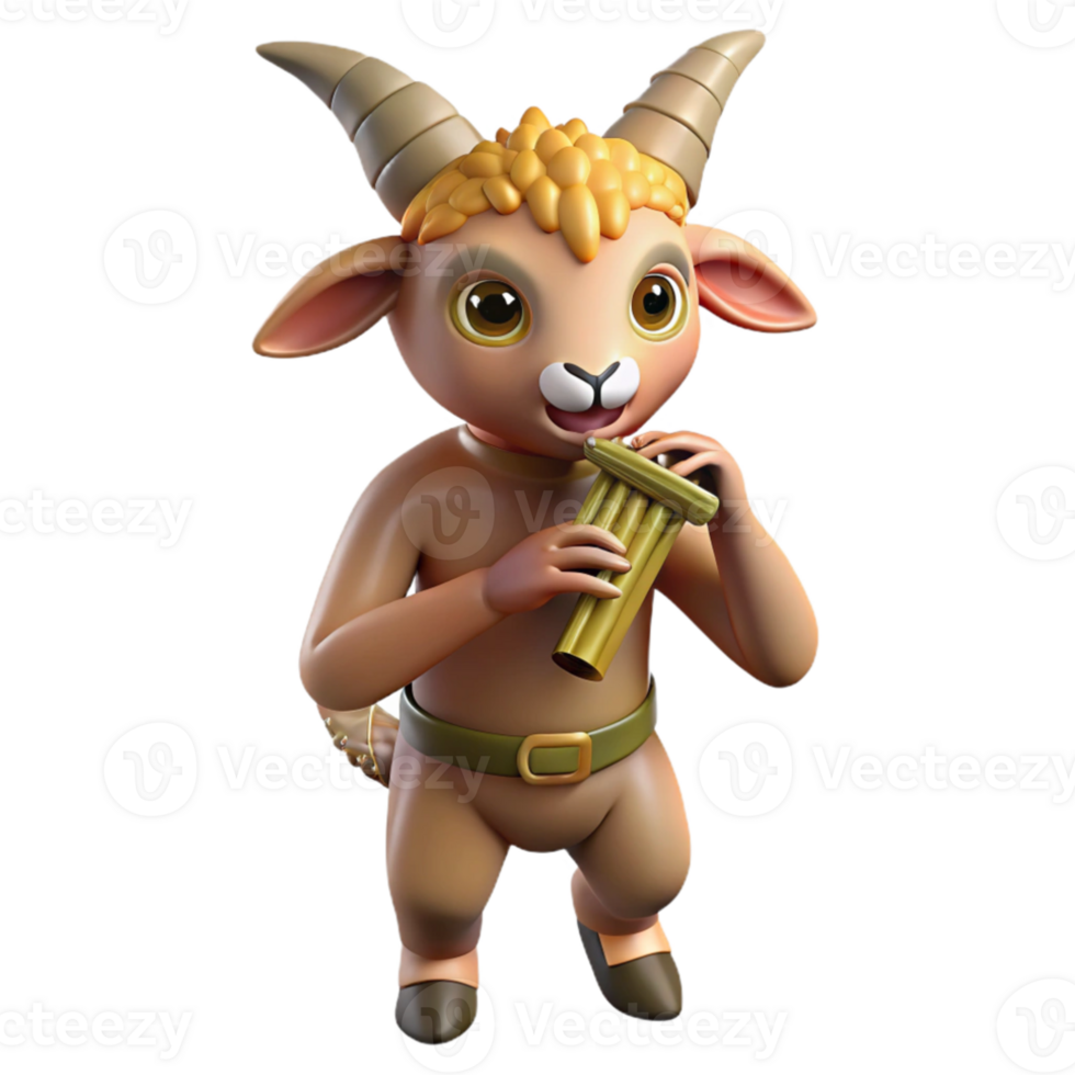 dramatic creative A playful satyr with goat legs and a mischievous grin, playing a pan flute. Warm lighting, pastoral style authentic png