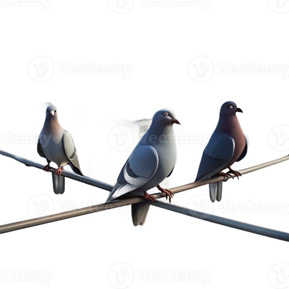 stunning contemporary A group of pigeons perched on a telephone wire, silhouetted against a hazy cityscape. Urban wildlife style, soft lighting high quality png