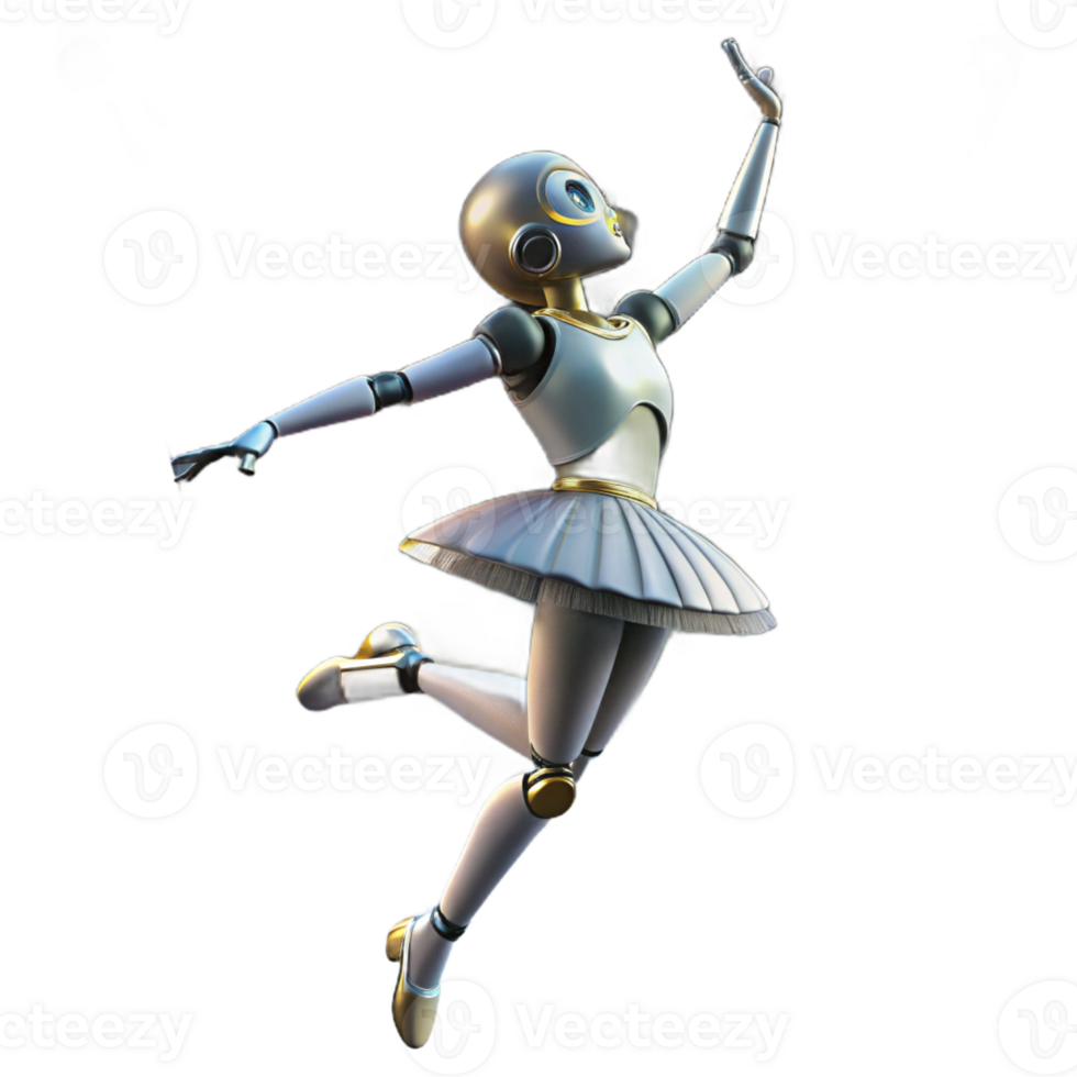 magnificent creative A robot ballerina performing a graceful leap, lit by theatrical spotlights in a ballet photography style 4K png