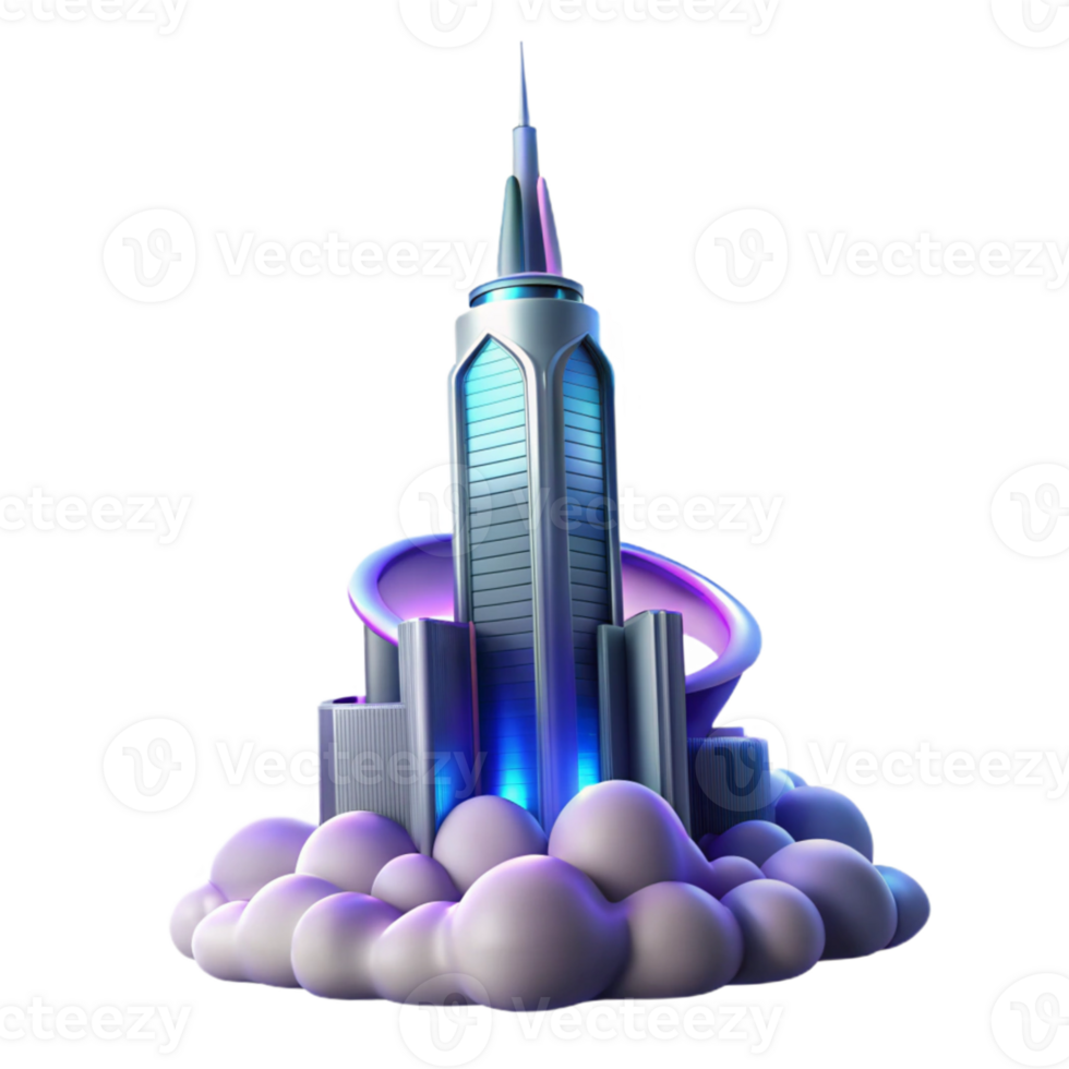 beautiful creative A futuristic skyscraper, sleek and aerodynamic, piercing the clouds, vibrant city lights, modern, professional png