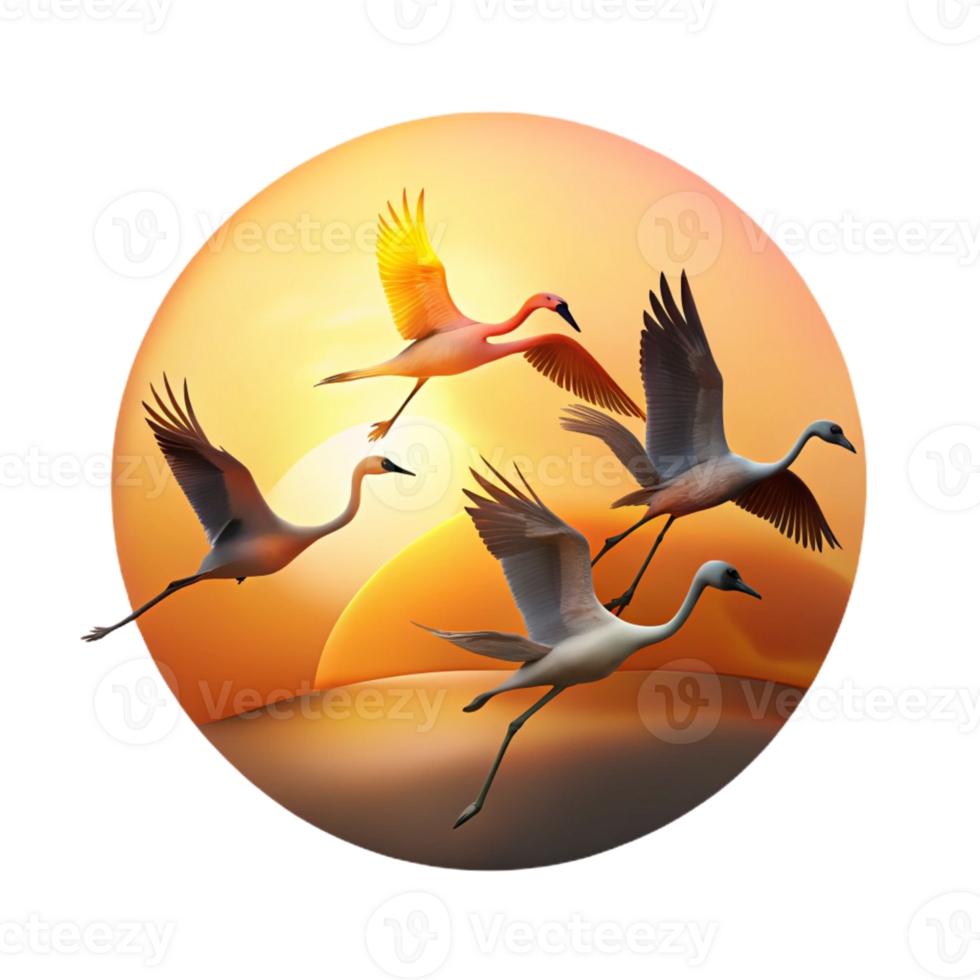 extraordinary abstract A flock of flamingos taking flight against a fiery sunset, warm golden light with silhouetted birds, minimalist art style high quality png