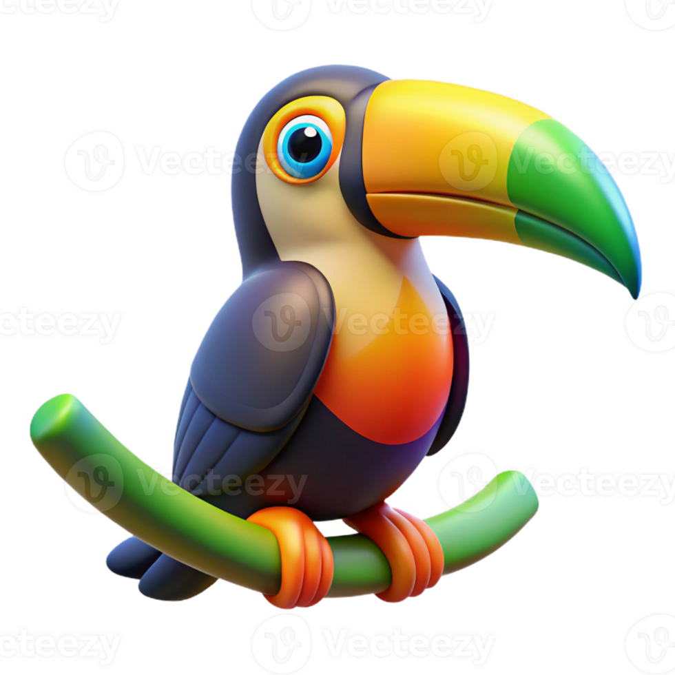extraordinary contemporary A colorful toucan perched on a branch, vibrant rainforest backdrop, bright and cheerful style authentic png