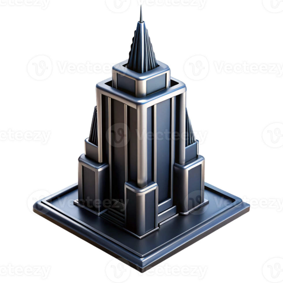 serene vintage Art Deco skyscraper, chrome and black glass, sharp edges, volumetric lighting, isometric view, cinematic, 4K png