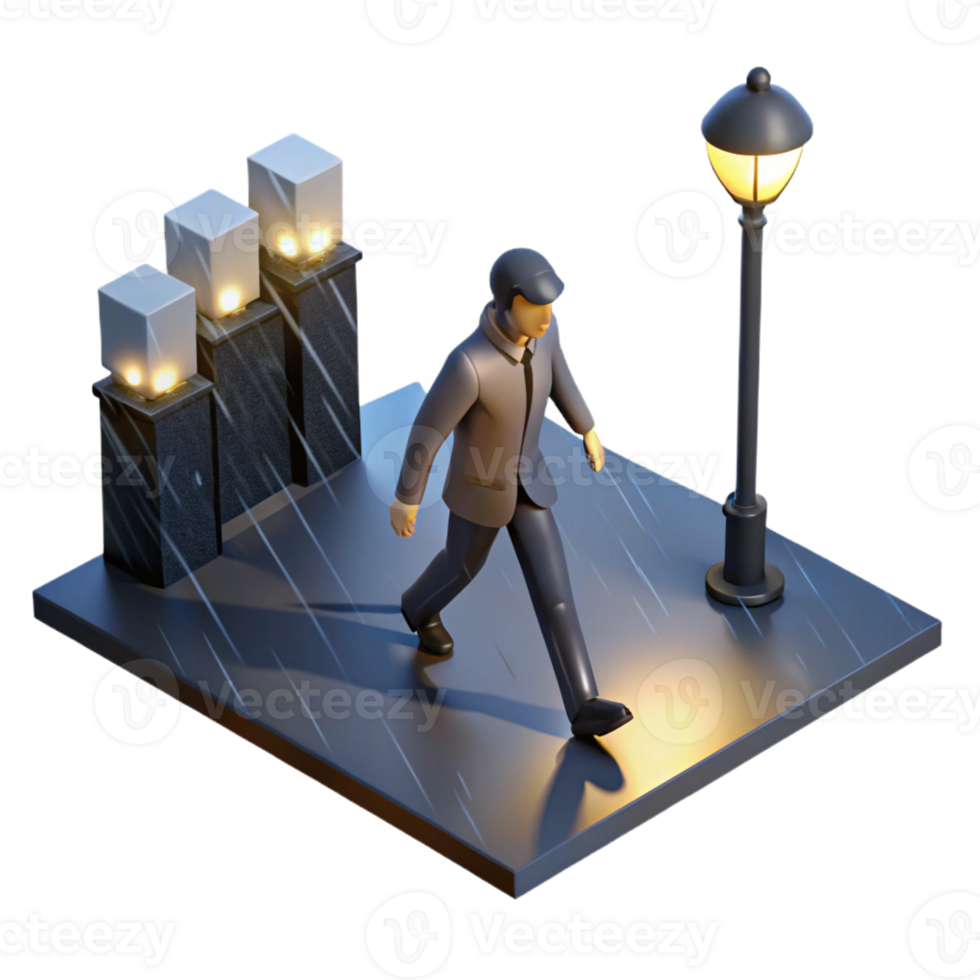 extraordinary artistic A lone figure walking down a rain-slicked street at night. Noir style, dramatic lighting premium png