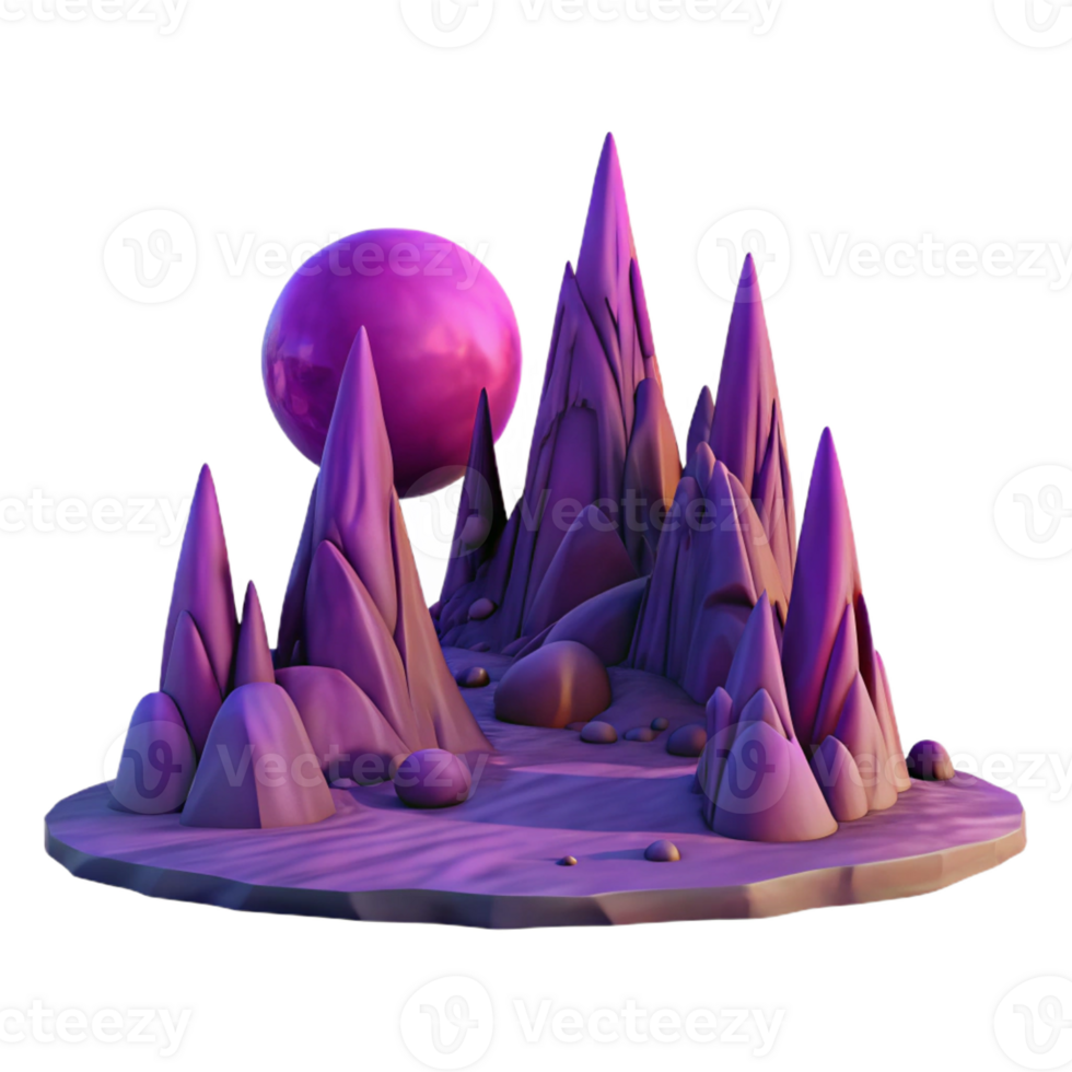 dramatic classic A desolate alien landscape, jagged purple rock formations under a double sunset, two moons visible, retrofuturistic style, matte painting authentic png