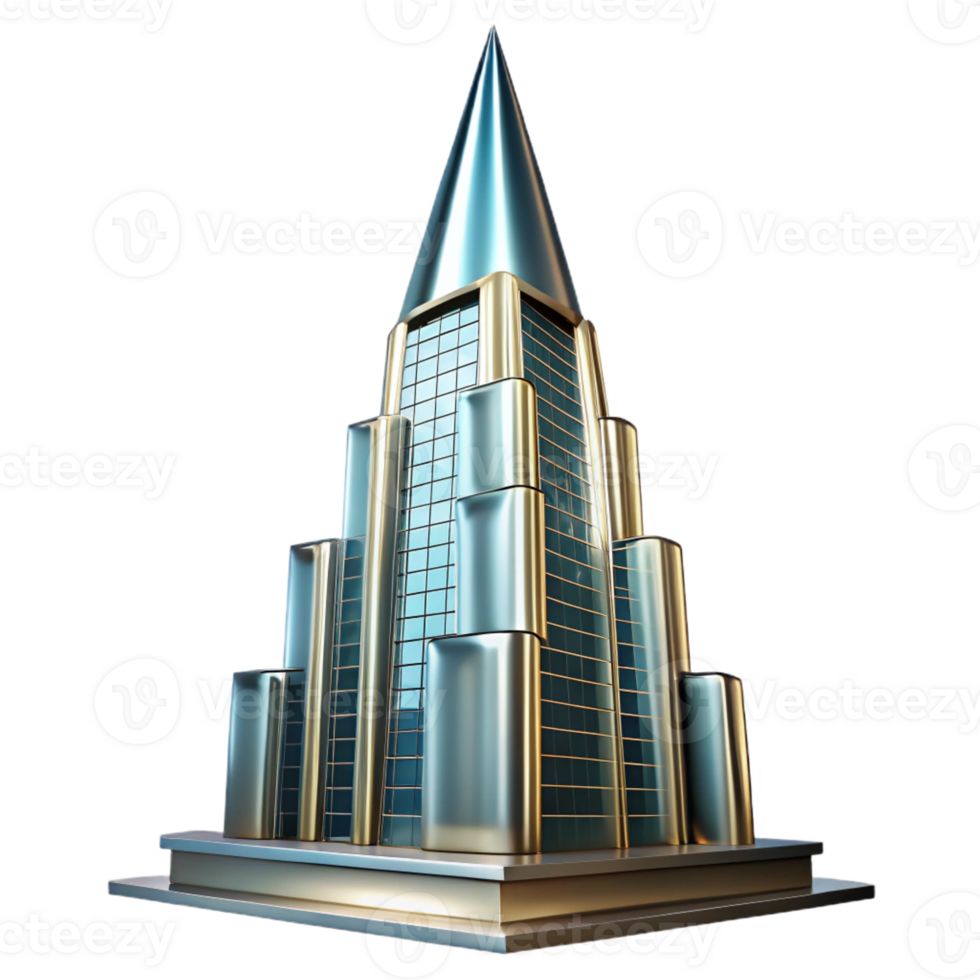 extraordinary vintage Art Deco skyscraper, chrome and glass, sharp edges, volumetric lighting, high contrast, low angle perspective detailed png