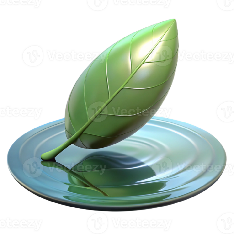 stunning contemporary A single leaf floating on water, reflective surface, serene and peaceful, minimalist style premium png