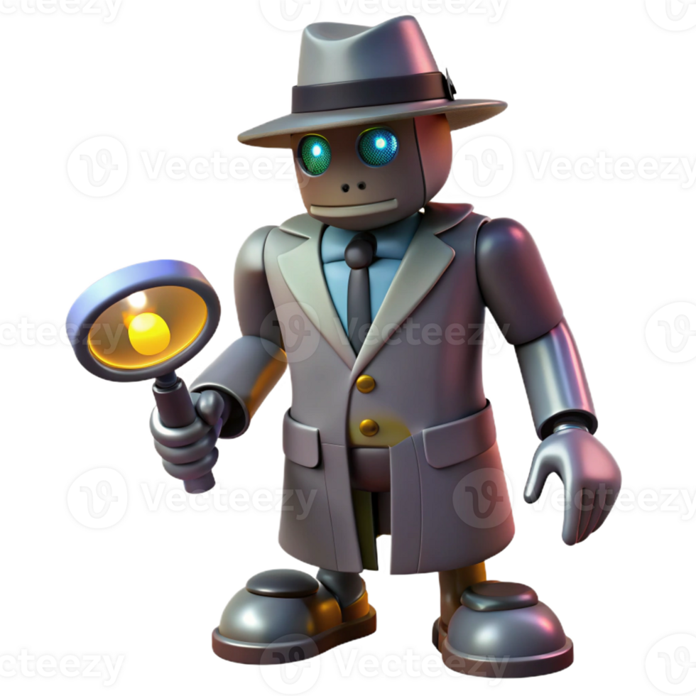 elegant classic A robot detective investigating a crime scene, lit by dramatic, noir-style lighting in a detective story style high quality png