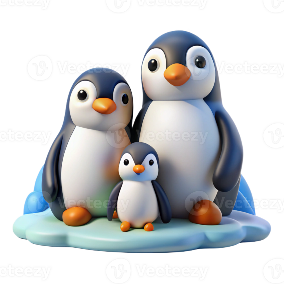 vibrant rustic A family of penguins huddled together on a snowy landscape, rendered in a cute, cartoonish style with simple shapes and bold colors professional png