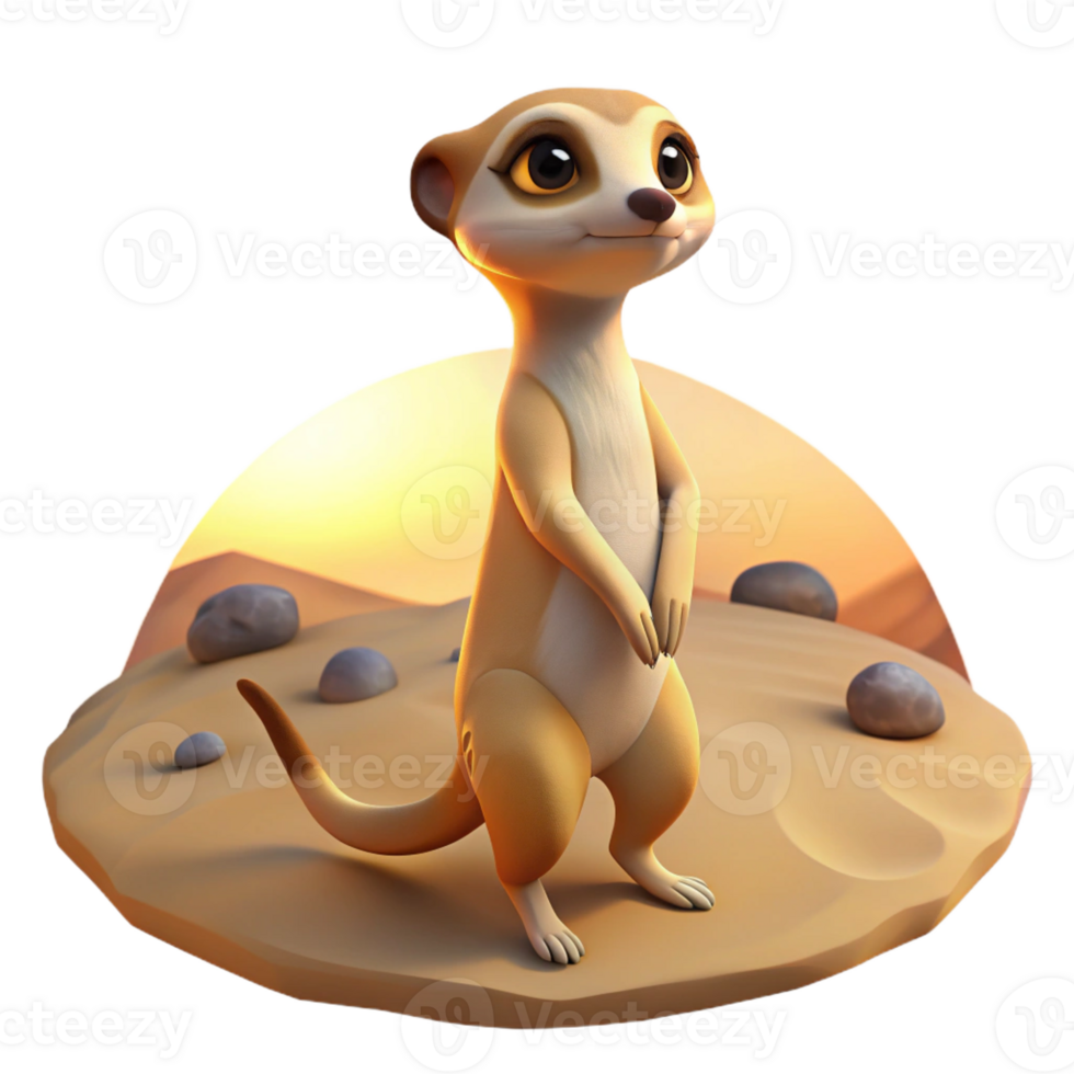 elegant vintage A curious meerkat standing on its hind legs, scanning the desert landscape, midday sun with warm desert tones, cartoon style detailed png