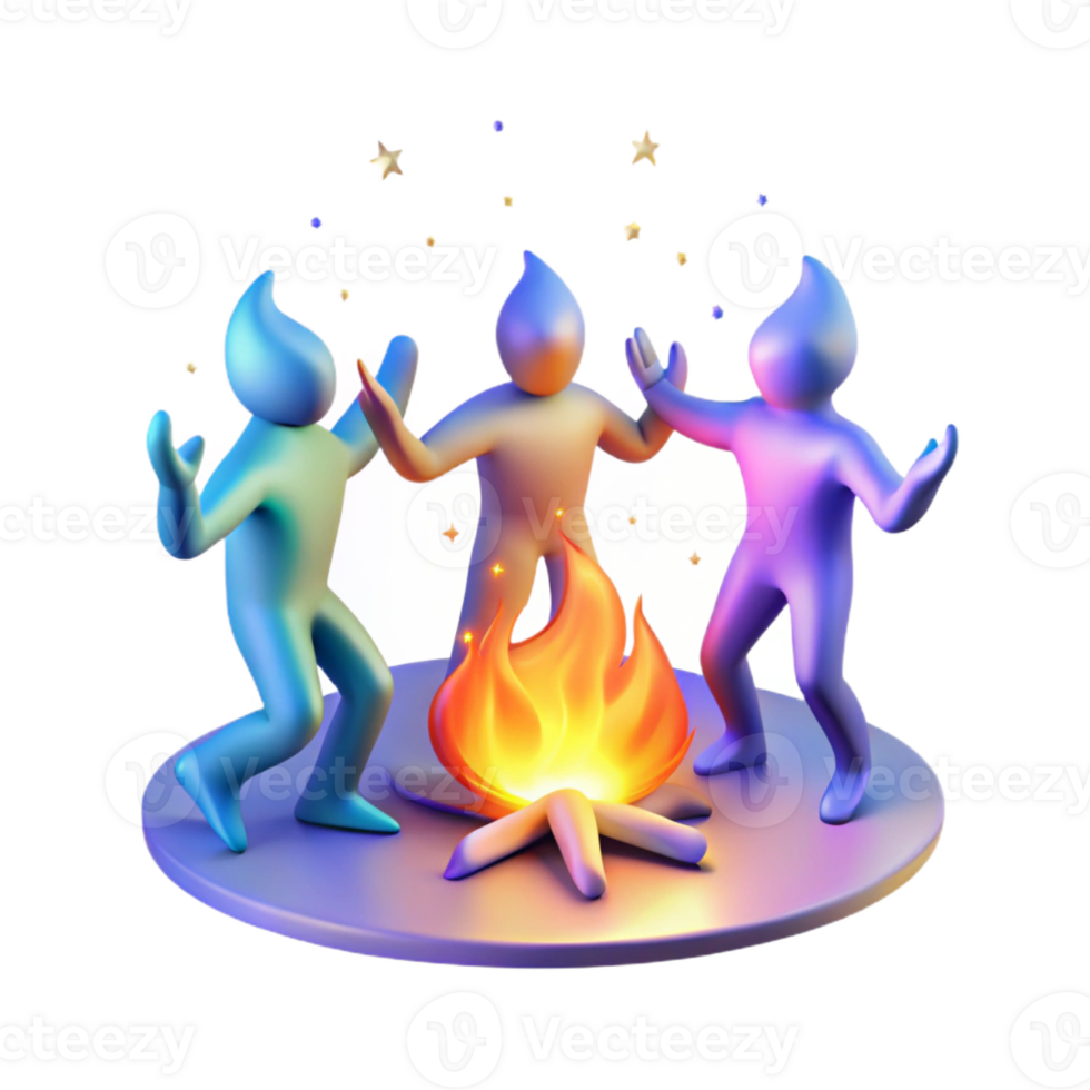 serene traditional A group of glowing, spectral figures dancing around a bonfire, under a starry night sky, illuminated by the flickering flames. Spiritual art style exclusive png
