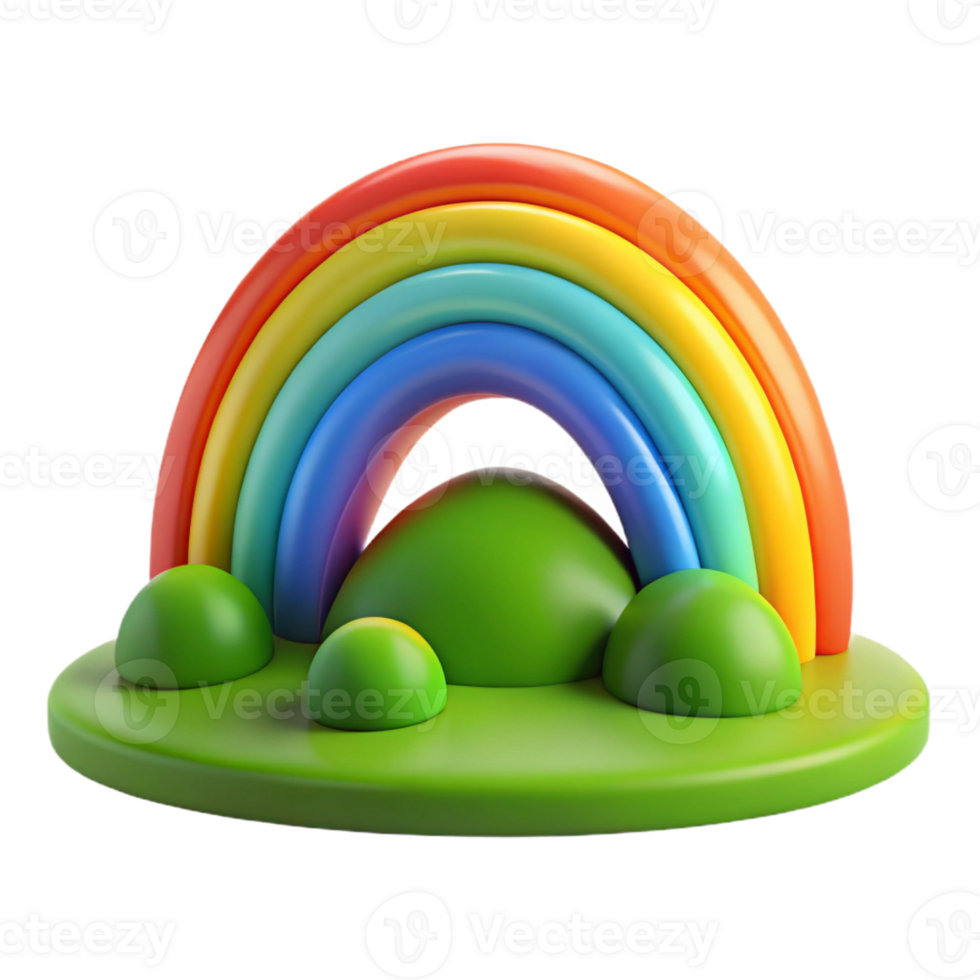 dramatic classic A vibrant rainbow arching over a green valley, bright, cheerful lighting, hopeful, optimistic style high quality png